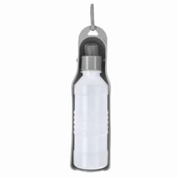 A drink bottle in a grey holder, featuring a white body and a grey cap, with a logo on the side.