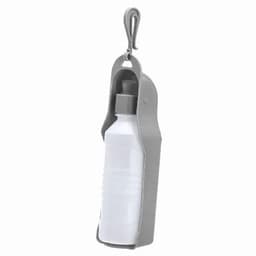 A drink bottle in a grey holder, featuring a hook for easy carrying, with a white bottle inside.