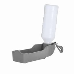 A drink bottle with a white body and a grey holder, featuring a clip for attachment.