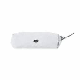 A pencil case in grey fabric with a zipped closure and a logo on the side.