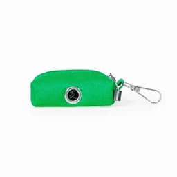 A green pouch with a keychain clip and a logo, featuring a textured exterior.