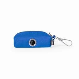 A blue zippered pouch with a clip and a small round feature on the front, made of textured fabric.