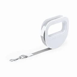A retractable dog leash in white with a silver clip, featuring a smooth, round handle design and a compact reel.