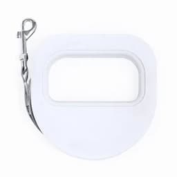 A white promotional item featuring a clip and a rectangular opening. It has a sleek, minimalist design.