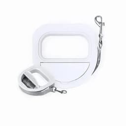 A drink bottle with a white circular lid and a detachable hook for easy carrying.
