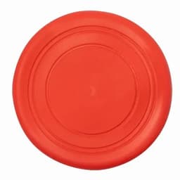 A red disc-shaped frisbee with a smooth surface and a circular design. It features a logo in the centre.
