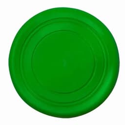 A green frisbee with a smooth surface and a circular design, featuring a branding logo in the centre.