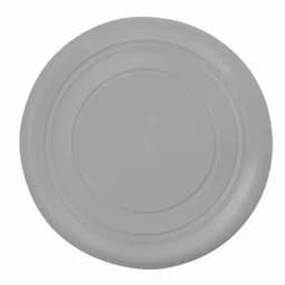 A grey frisbee with a smooth surface and a central indentation, featuring a simple design.