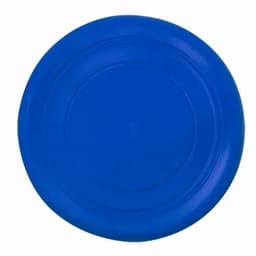 A blue frisbee with a smooth, rounded surface and a central indentation. It features a logo in the centre.