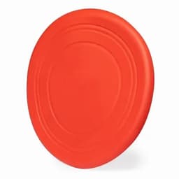 A red frisbee with a smooth, rounded design. The item has a logo on its surface.