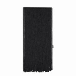 A dark grey scarf with fringe detailing, featuring a subtle texture and a branded tag.