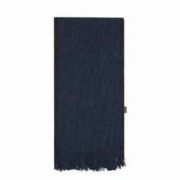 A navy blue scarf with a textured finish and fringed ends, featuring a small logo tag.