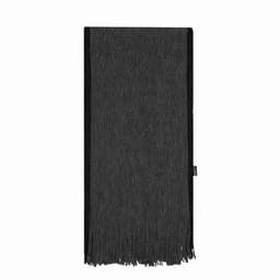 A grey scarf with fringed edges, featuring a simple design and a subtle texture. It has a branding label on one side.