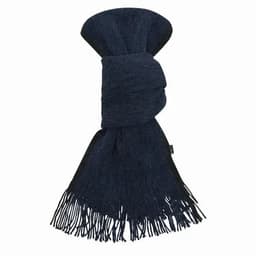 A dark navy scarf with fringed edges and a textured finish, featuring a branding label.