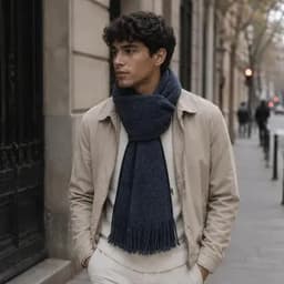 A man wearing a navy blue scarf, styled with a light jacket, standing on a city street.