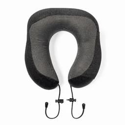 A travel neck pillow in black and grey, featuring adjustable ties and a contoured design for support.