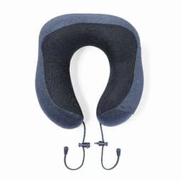 A travel neck pillow in dark grey with a textured mesh centre and adjustable drawstrings.