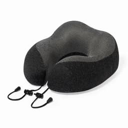 A travel neck pillow in black and grey with adjustable cords for support and comfort. It has a textured surface.