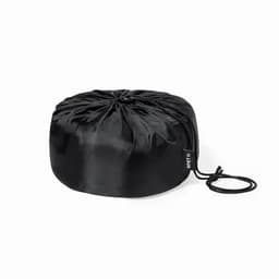 A drawstring pouch in shiny black fabric, featuring a cinched closure and a small branded tag.