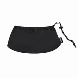 A black drawstring pouch with a cinched opening and a toggle. It features a small branding label.