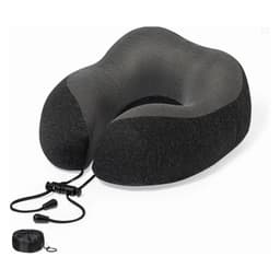 A travel neck pillow with a contoured design, featuring a black and grey fabric. Includes a small carrying pouch.