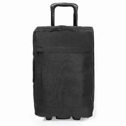 A black rolling luggage bag with a sturdy handle and wheels for easy transport. It features a textured fabric.