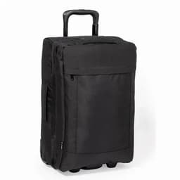 A black rolling suitcase with a retractable handle and front pocket, designed for travel convenience.