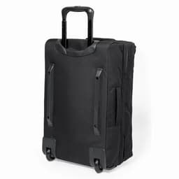 A black rolling suitcase with a retractable handle and wheels, featuring side pockets for additional storage.