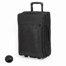 A rolling suitcase in black with a front pocket and a retractable handle, featuring a logo on the side.