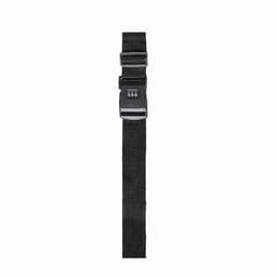 A black adjustable strap with a secure buckle, featuring a combination lock mechanism for added safety.