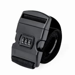 A black adjustable strap with a combination lock mechanism, featuring a textured band for secure fastening.