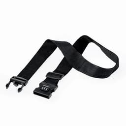 A black adjustable strap with a buckle and combination lock feature. Ideal for securing items.