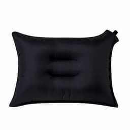 An inflatable black pillow with a contoured design for comfort. It features a small opening for inflation.