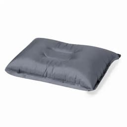 A grey cushion with a smooth surface and a central indentation, designed for comfort and support.