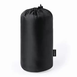 A black drawstring storage bag with a cylindrical shape and a small tag on the side.