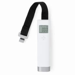 A white digital luggage scale with a black strap. The display shows the weight measurement.