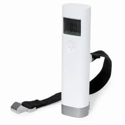 A digital thermometer in a white casing with a black strap. It features a small display window on the front.