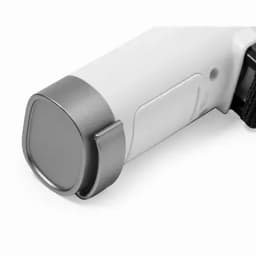 A drink bottle with a white body and silver cap, featuring a logo and a clip for easy carrying.