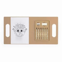 A craft kit featuring a colouring book and a set of wooden colouring pencils, all in a brown, foldable case.