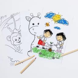Three colouring pages featuring a monkey, a giraffe, and children planting a tree, with coloured pencils.