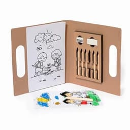 A colouring set in a brown folder, featuring colouring pages, crayons, and a cartoon illustration of children outdoors.