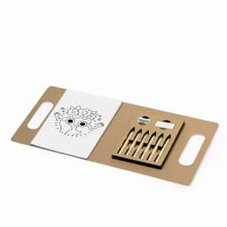 A drawing kit featuring a blank sheet, coloured pencils, and a cardboard base with cut-out shapes.