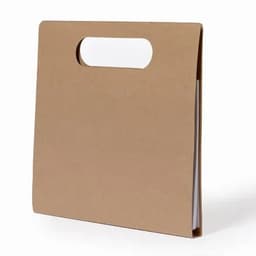 A kraft paper folder with a handle, featuring a simple, minimalistic design. Contains documents inside.