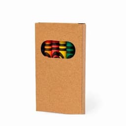 A notebook made of cork with a window revealing colourful crayons inside. It features a natural brown exterior.