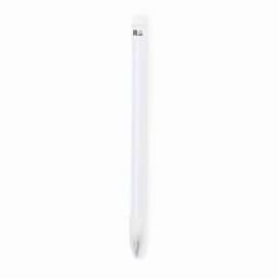 A white pen with a smooth barrel and a bullet tip, featuring a logo near the top.