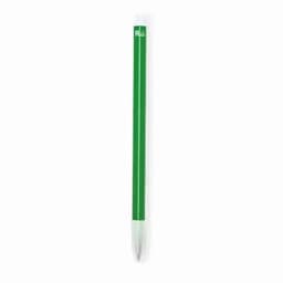 A green pen with a white tip and a logo on the upper part.