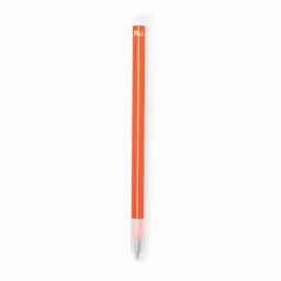 A pen with an orange barrel and a transparent end. It features a logo.