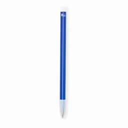 A blue pen with a white tip and a logo at the top.