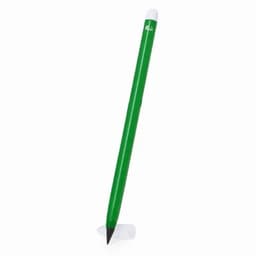 A green pencil with a white eraser on top, featuring a logo on the side.