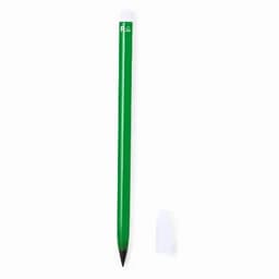 A green pencil with a white eraser on the end, accompanied by a removable cap.